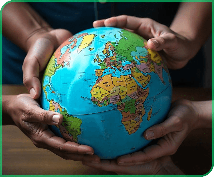 Multiple hands holding globe